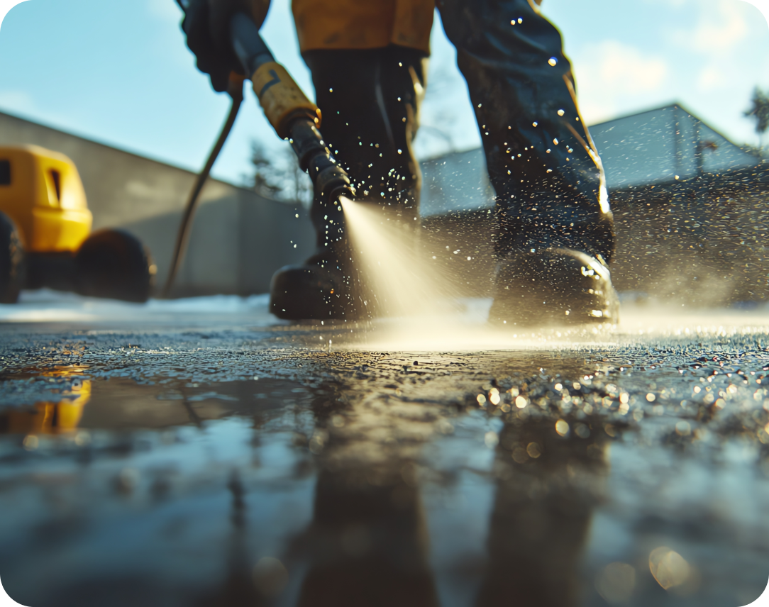 Person using a pressure washer to clean a wet outdoor surface, with water spray and reflections visible, and a yellow machine in the background.