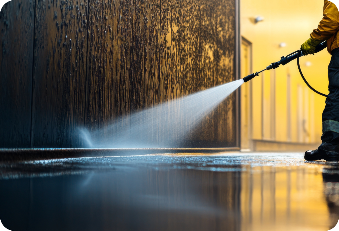 Worker using a pressure washer to clean a dirty industrial wall, with water reflections on the floor and a yellow-lit background. Pressure Cleaning Services for Businesses of All Sizes
