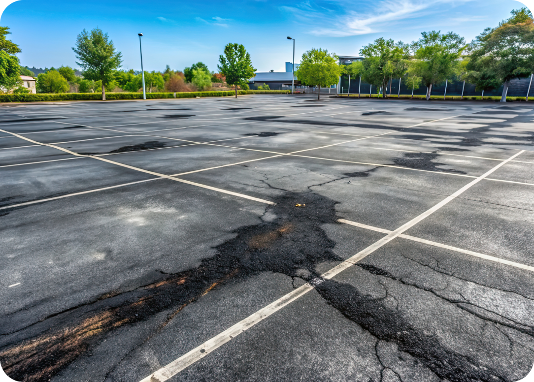 Empty asphalt parking lot with visible cracks and patches, surrounded by trees and a building in the background under a clear blue sky. Signs That Your Commercial Property Needs to Be Pressure Cleaned